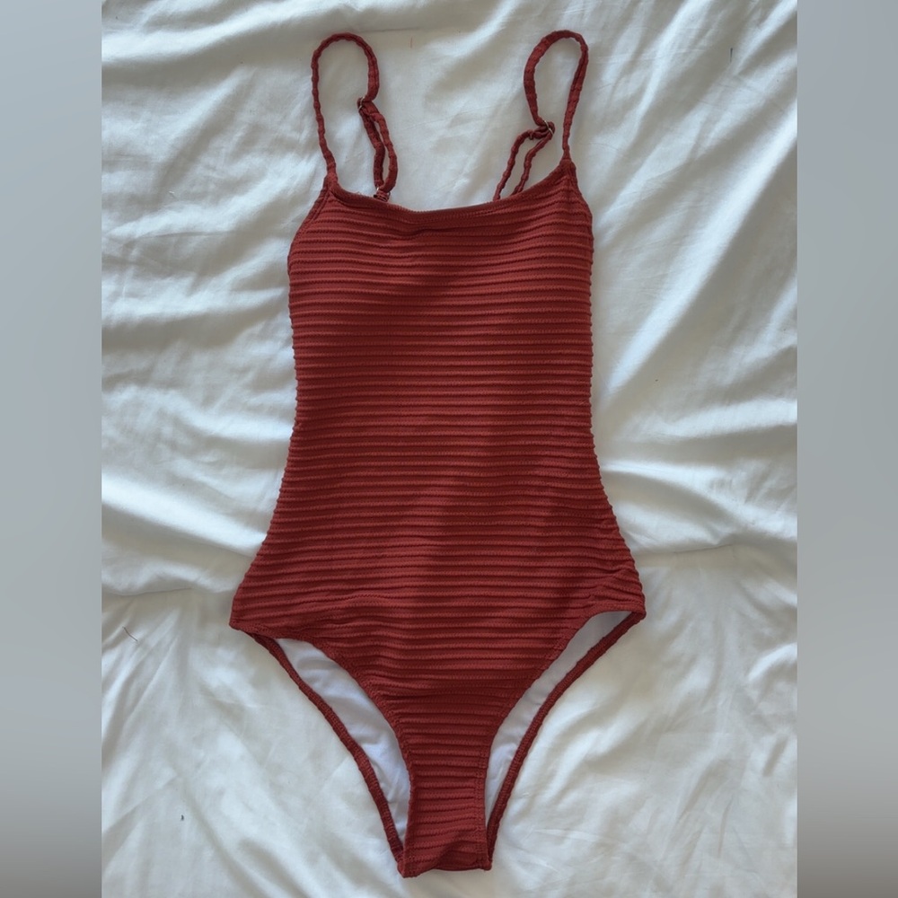 Coral burnt orange ribbed backless one piece bikini
